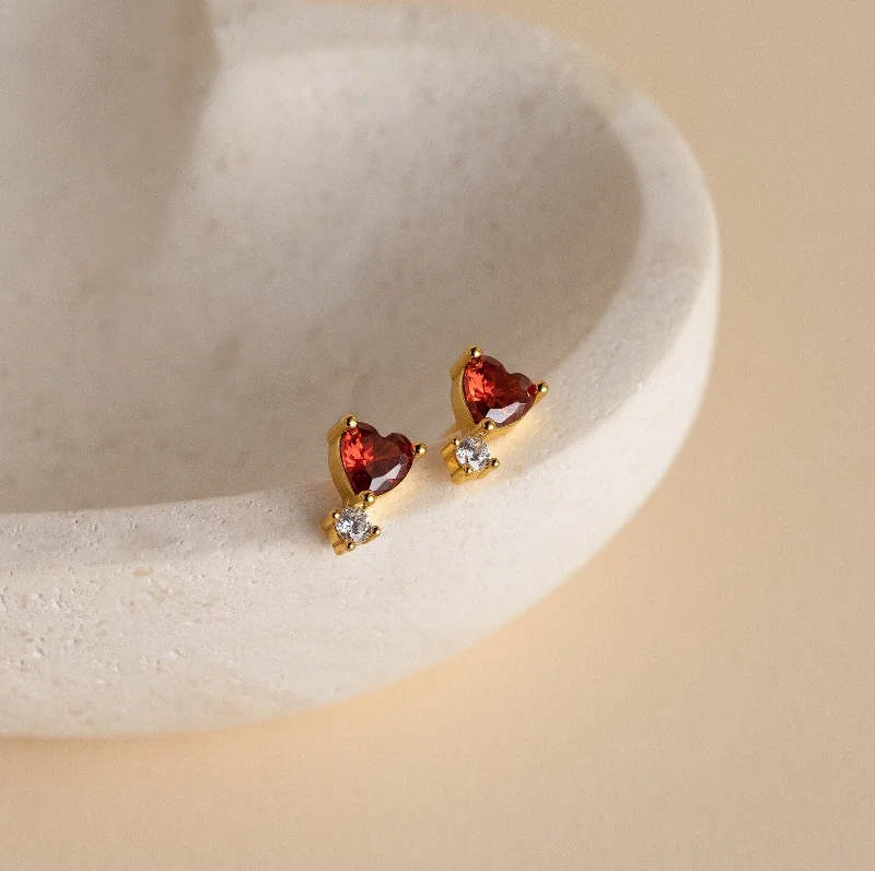 Custom Hoop Earrings-Garnet Heart Studs