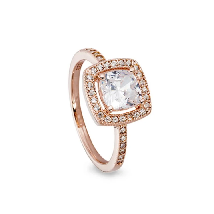 Classic Wedding Rings with Birthstones-Rose Gold Finish Sterling Silver Micropave Cushion Cut Ring with 37 Simulated Diamonds