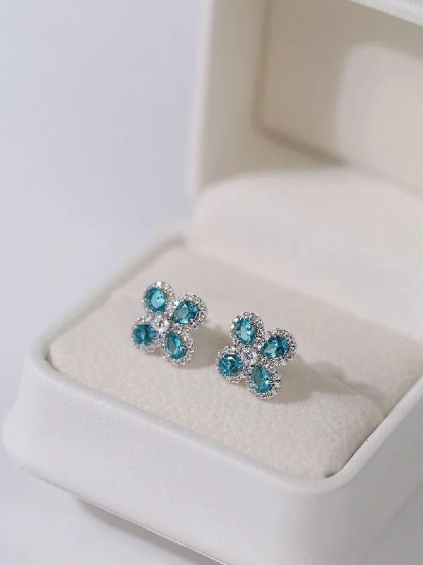 Pearl and Crystal Drop Earrings-925 Sterling Silver Sky Blue Four-Leaf Stud Earrings