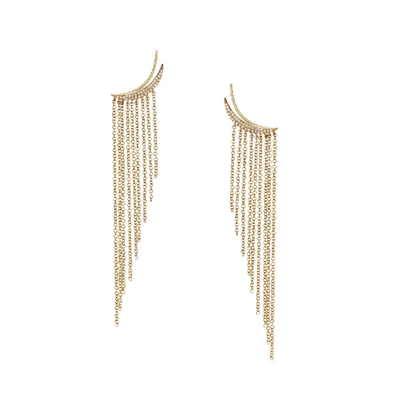 Modern Drop Hoop Earrings-DIAMOND CRESCENT & CHAIN CLIMBER EARRINGS