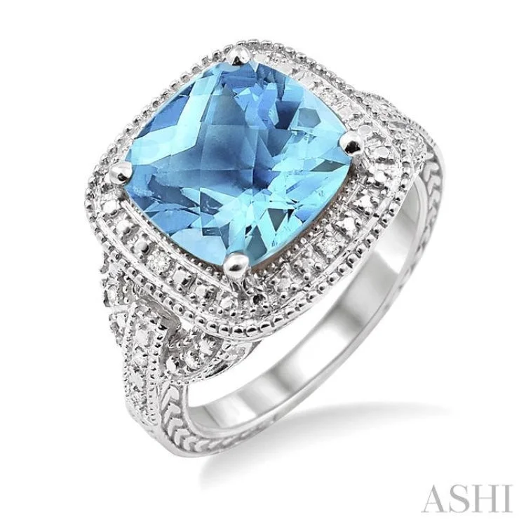 Custom Gemstone Promise Rings-10x10mm Cushion Cut Blue Topaz and 1/20 Ctw Single Cut Diamond Ring in Sterling Silver