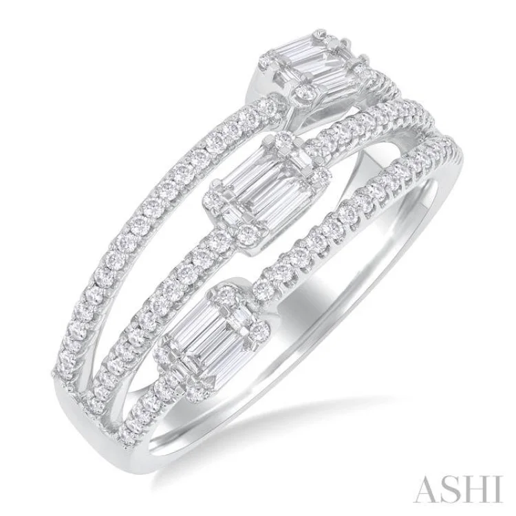 Unique Engagement Rings with Birthstones-5/8 ctw Split Three-Row Baguette and Round Cut Diamond Fashion Ring in 14K White Gold