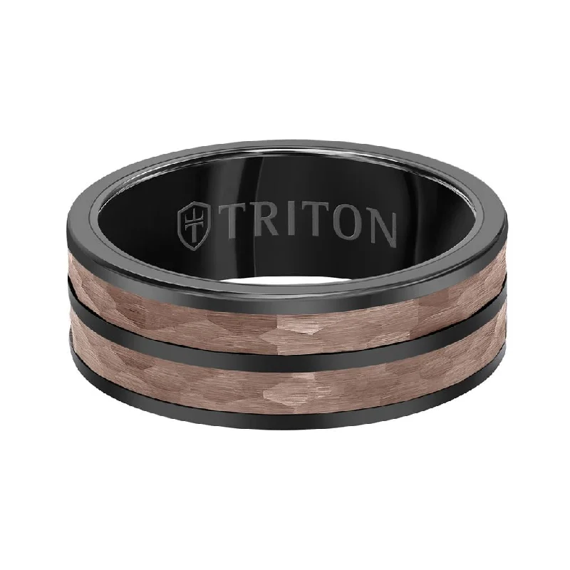 Custom Gemstone Promise Rings-8MM Espresso Tungsten Carbide Ring - Hammered Split Center