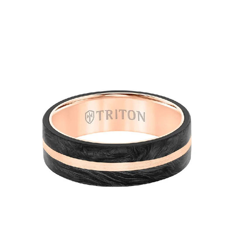 Custom Rose Gold Engagement Rings for Men-7MM 14K Gold Ring + Forged Carbon - Flat Profile and Center Channel