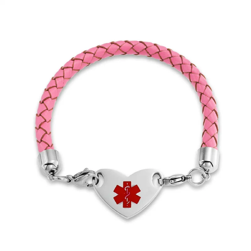 Personalized Silver Cuff Bracelets for Women-Pink Braided Leather Medical ID Bracelet with Stainless Steel Clasp