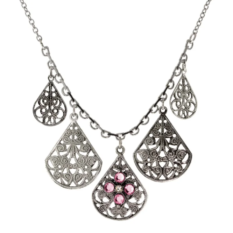 Designer Necklaces-1928 Jewelry Pewter Round Crystal Flower Multi Teardrop Necklace 16" + 3" Extender