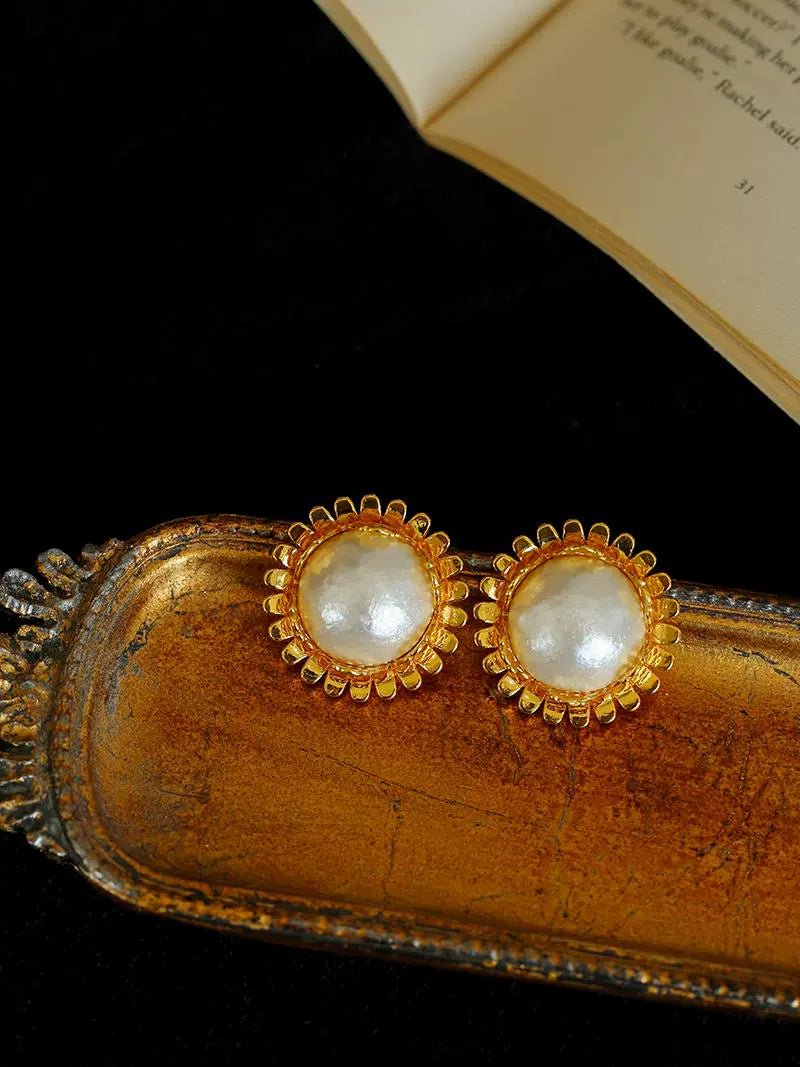 Unique Silver Earrings for Women-Chanel-Inspired Sunflower Cotton Pearl Stud Earrings