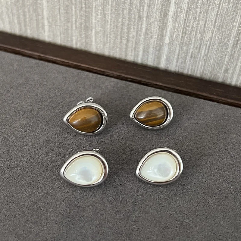 Sparkling Hoop Gemstone Earrings-925 Sterling Silver Wood Grain White Mother of Pearls Water Drop Earrings