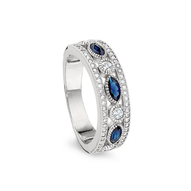 Wedding Rings with Personalization-Platinum Finish Sterling Silver Micropave Vintage Ring with Synthetic Blue Sapphire & 58 Simulated Diamonds