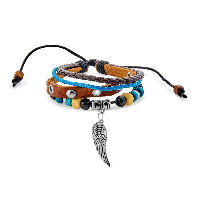 Personalized Cuff Bracelets with Name Engraving-Bohemian Leather Triple Wrap Bracelet with Turquoise Beads and Angel Wing Charm