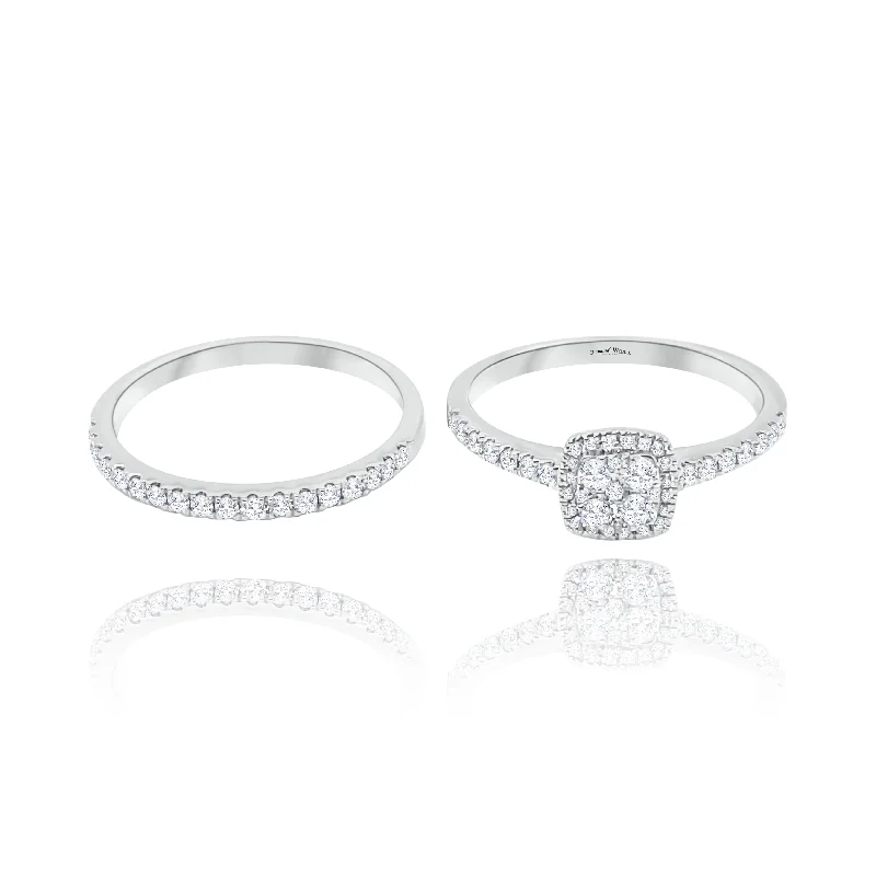 Designer Wedding Rings with Gemstones-Halo Cushion cut Style Invisible set Diamonds Ring & Anniversary Ring Combo