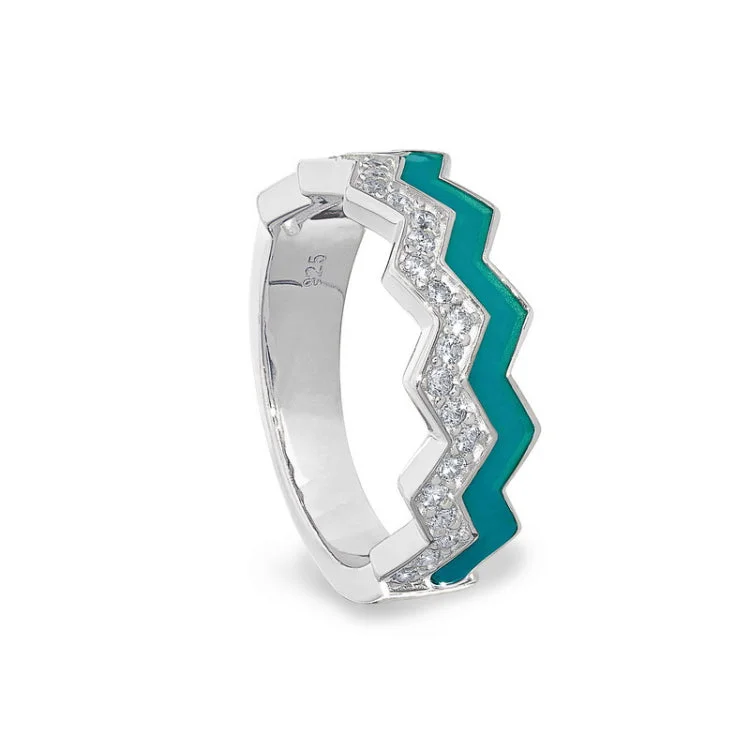 Custom Silver Wedding Bands for Men-Platinum finish sterling silver micropave ring with with turquoise enamel and simulated diamondss