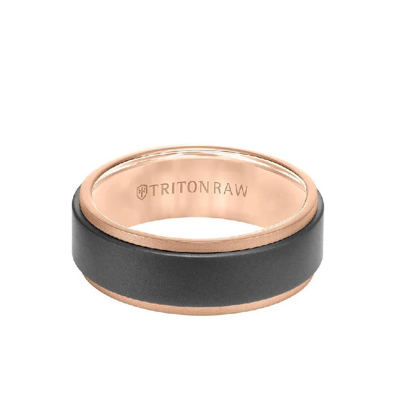 Custom Women’s Diamond Rings-8MM Tungsten RAW+ 18K Matte Gold Ring - Sandblasted Center and Step Edge