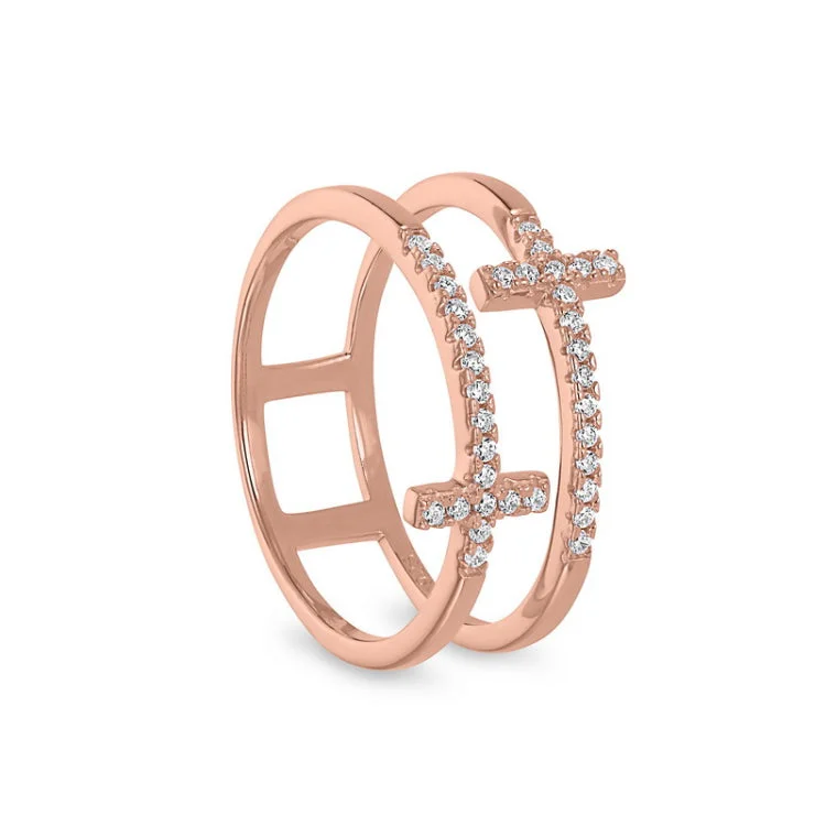 Personalized Wedding Ring Designs-Rose Gold Finish Sterling Silver Micropave Double Cross Ring with Simulated Diamonds