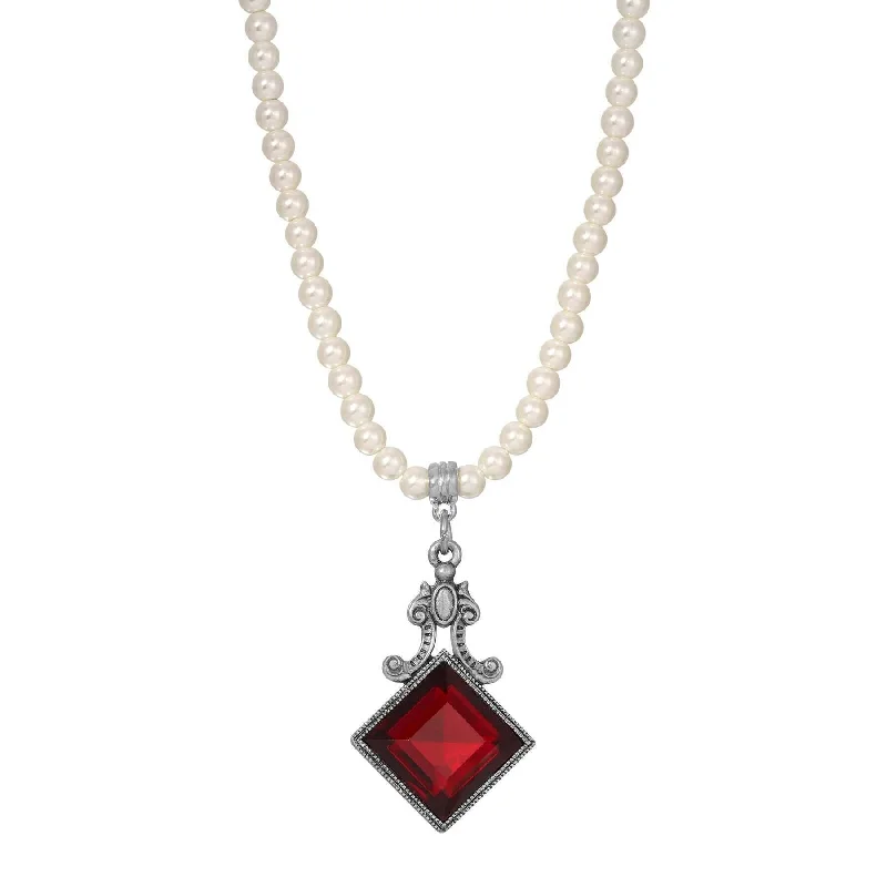 Luxury Gold Necklaces-1928 Jewelry Square Siam Red Stone & Scroll 4mm Faux Pearl Strand Necklace 15" + 3" Extender