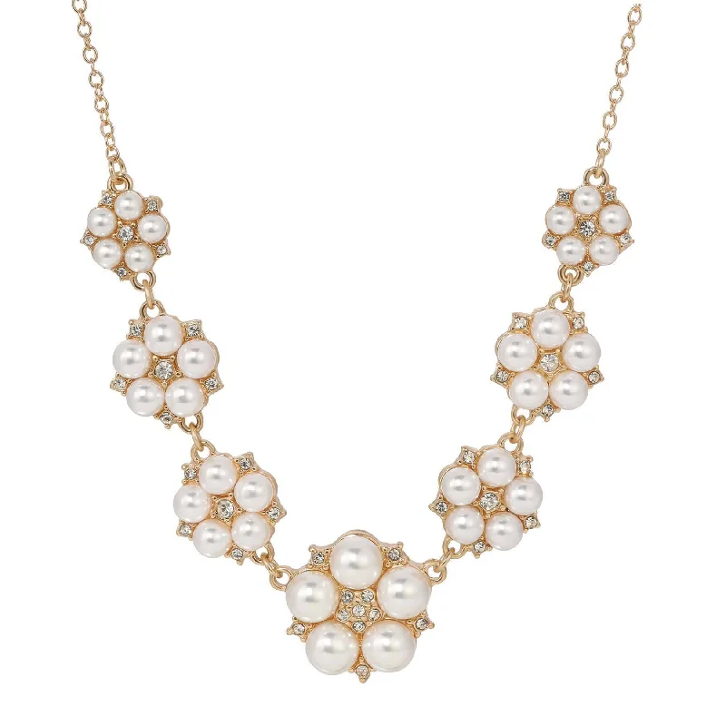 Affordable Gold Necklaces-1928 Jewelry Crystal Star Flower White Faux Pearl Necklace 16" + 3" Extender