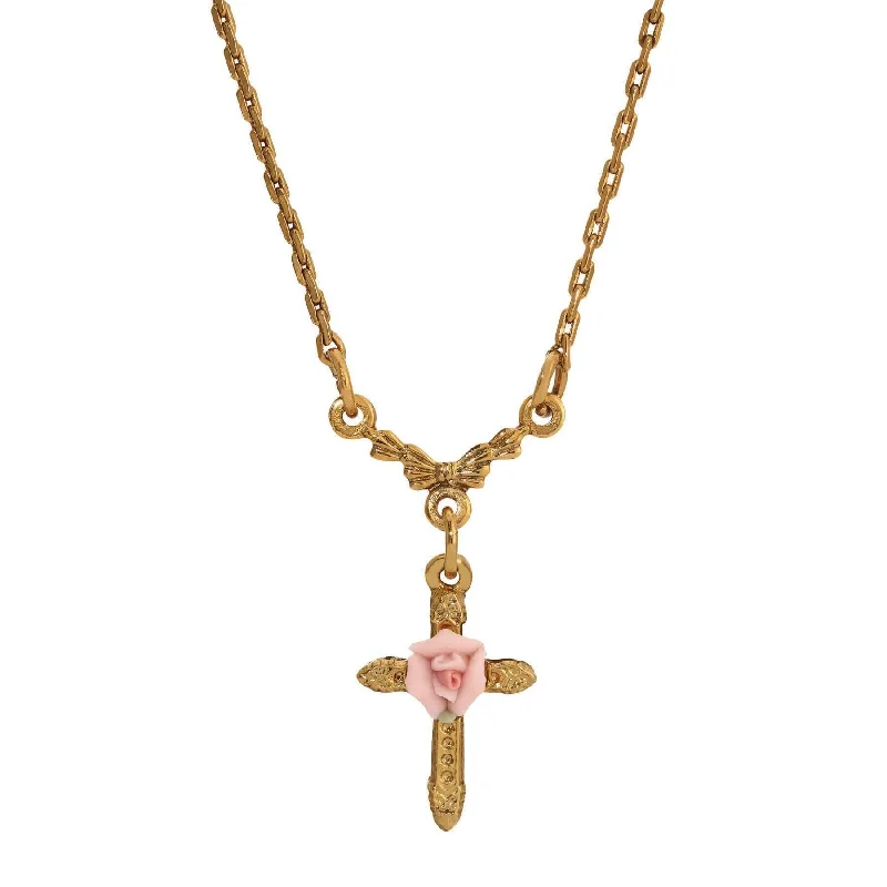 Sun Necklaces-1928 Jewelry Pink Porcelain Rose Cross Pendant Necklace 16" + 3" Extension