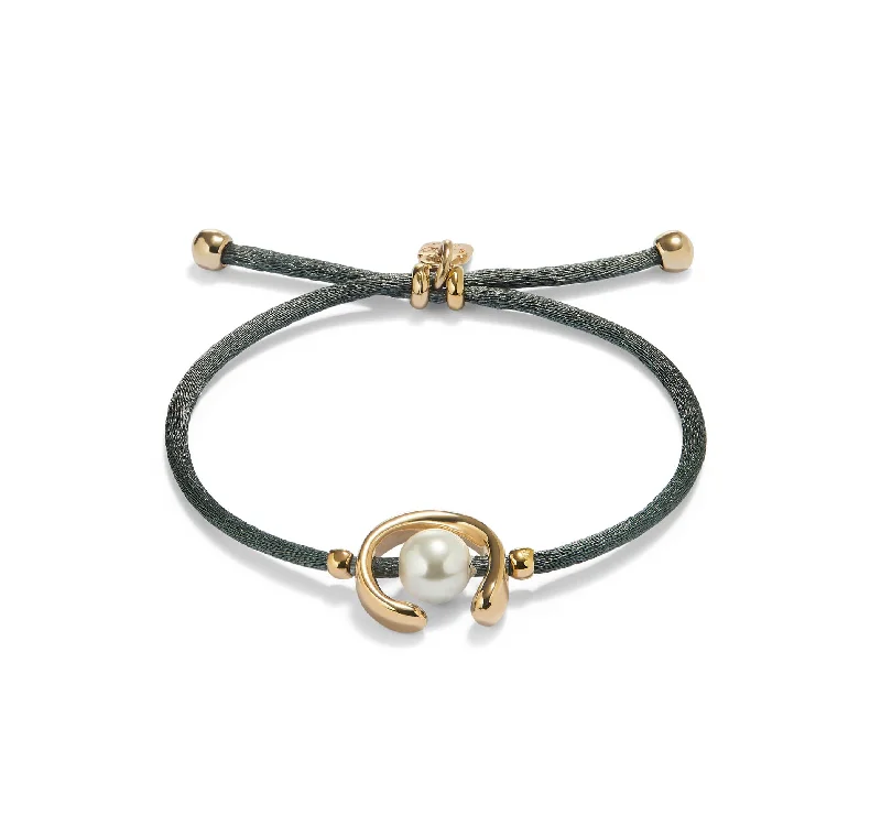 Custom Diamond Bangle Bracelets-UNOde50  Gold Plated Blackish Thread Bracelet With Shell Pearl Accessory Size Medium