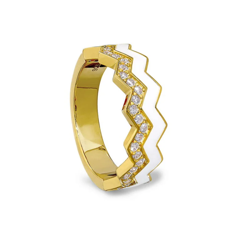 Luxury Gemstone Rings for Men-Gold Vermeil Sterling Silver Micropave Ring with with White Enamel and Simulated Diamondss