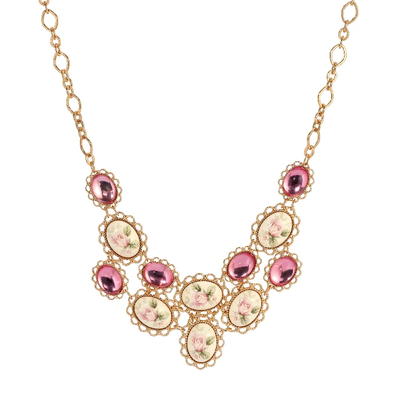 Bohemian Necklaces-1928 Jewelry Ceramic Rose & Pink Stone Bib Necklace 15" + 3" Extension