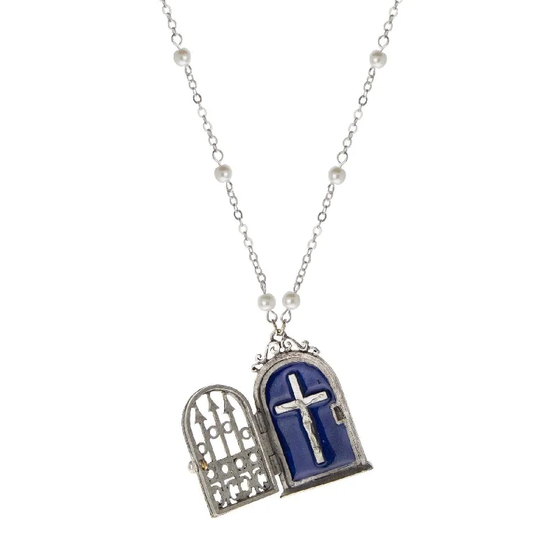 Anniversary Necklaces-Symbols Of Faith Gate & Crucifix Blue Enamel Reliquary Necklace 24"