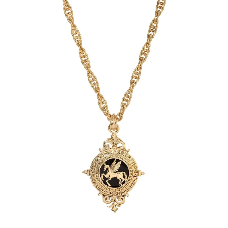 Protective Necklaces-1928 Jewelry Onyx Gemstone Gold Pegasus Acanthus Pendant Necklace 16" + 3" Extender