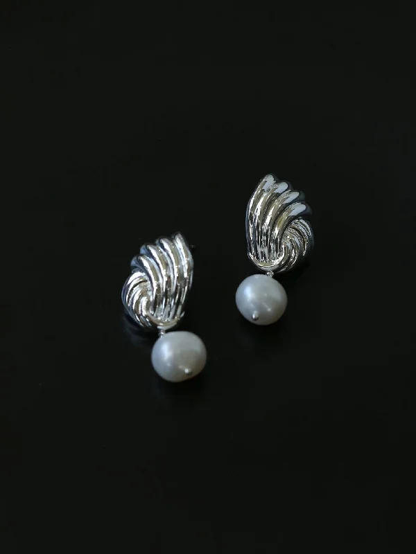 Classic Hoop Earrings-Spiral Metal Wind Stripe Pearl Drop Earrings