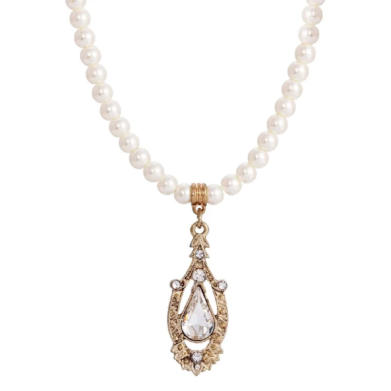 Friendship Necklaces-1928 Jewelry Ceremony 5mm Faux Pearl Strand Teardrop Crystal Pendant Necklace 14.5"