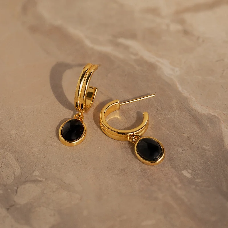 Classic Hoop Earrings for Women-Black Gemstone Drop Hoops