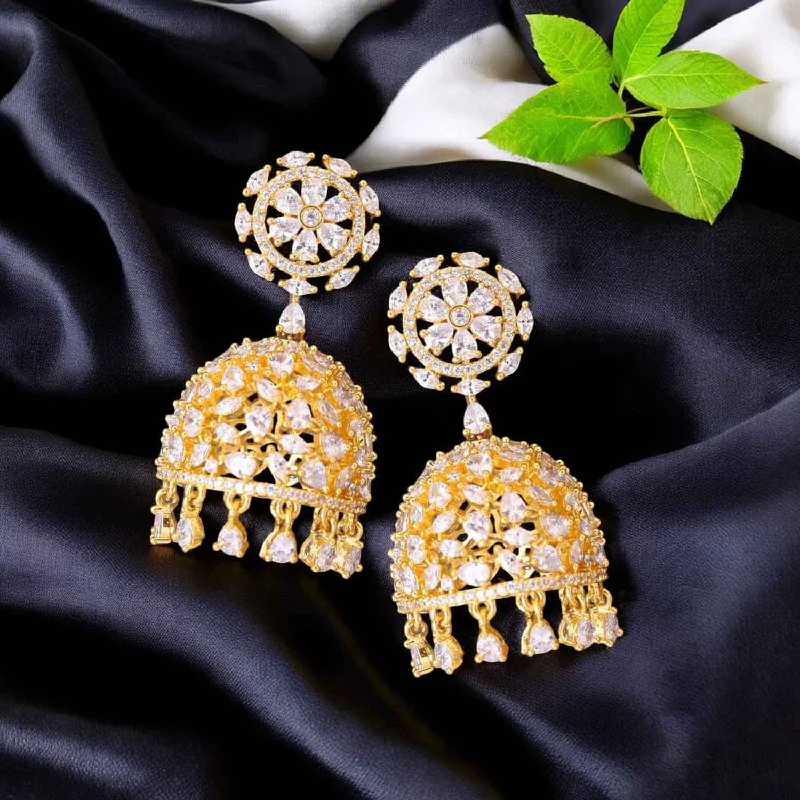 Bold Drop Earrings-Golden Sanah Zirconia Jhumkis