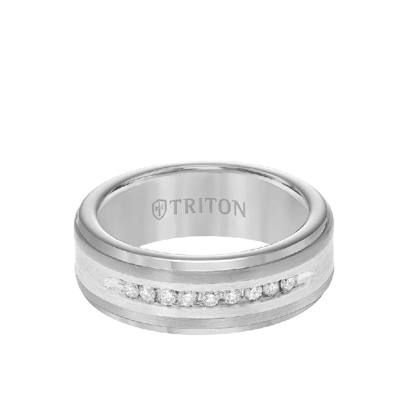 Custom Diamond Promise Rings-8MM Tungsten Diamond Ring - Channel Set Silver Satin Finish and Step Edge