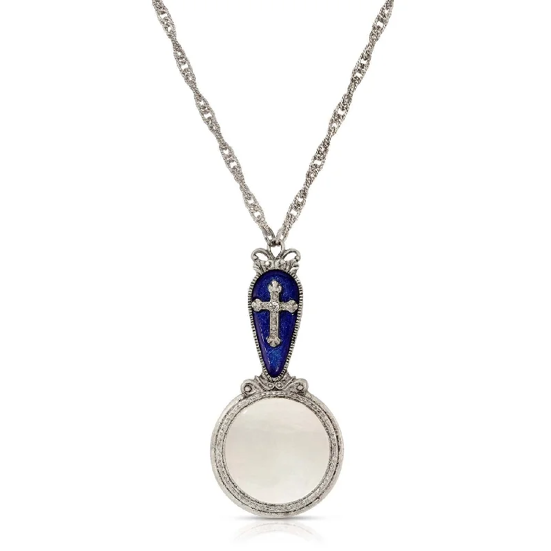 Adjustable Pendant Necklaces-Symbols Of Faith Blue Enamel & Cross Magnifying Glass Pendant Necklace 28" - Magnification Power: 2-3X