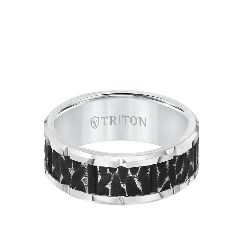 Personalized Promise Wedding Rings-9MM Tungsten Carbide Ring - Black Sandblasted Distressed Center and Bevel Edge