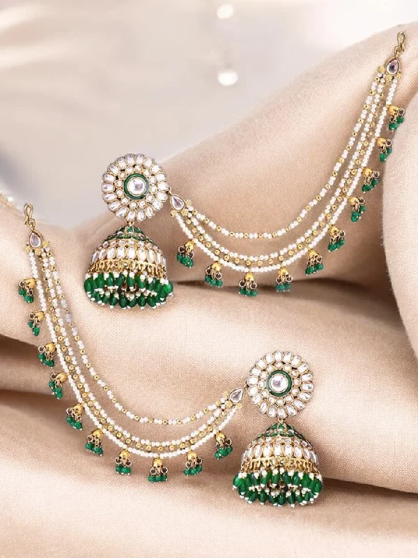 Stylish Gemstone Earrings-Emerald Leher Sahara Jhumkis