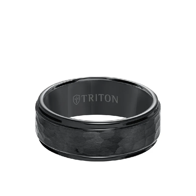 Customizable Engagement Rings-8MM Tungsten Carbide Ring - Hammered Center and Step Edge