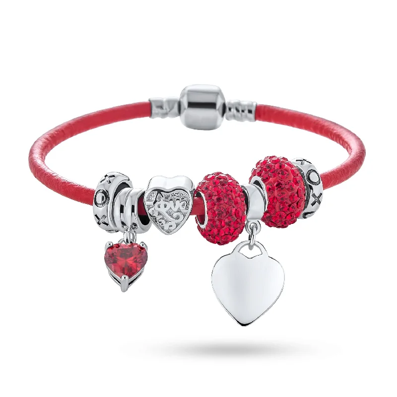 Custom Leather Bangle Bracelets for Women-Heart Lover Couples Valentine Charm Bracelet with Red Leather & Silver Clasp