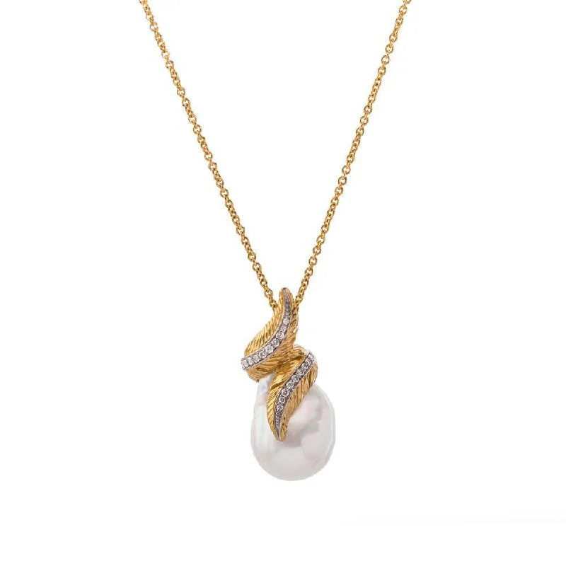 Gold Necklaces-Feather Wrap Necklace with Pearl & Diamonds in 18K Yellow Gold