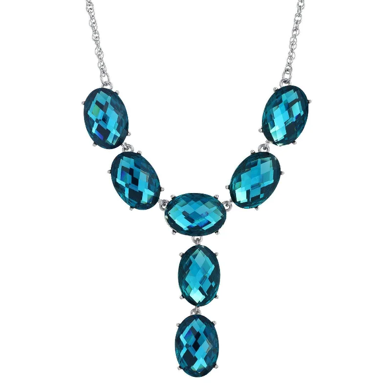 Crystal Necklaces-2028 Jewelry Oval Faceted Crystal Y-Necklace Drop Necklace 15" + 3" Extender