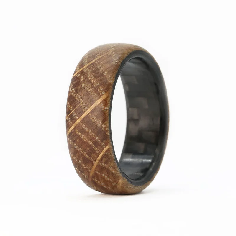 Platinum Wedding Rings-The Distiller-Whiskey Barrel Domed Men's Ring with Carbon Sleeve