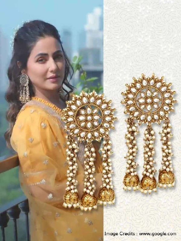 Pearl and Crystal Drop Earrings-Golden Surajmukhi Jhumkis