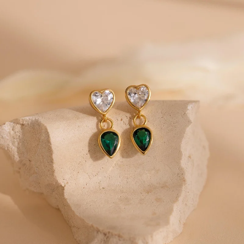 Personalized Hoop Drop Earrings-Emerald Heart Drop Studs