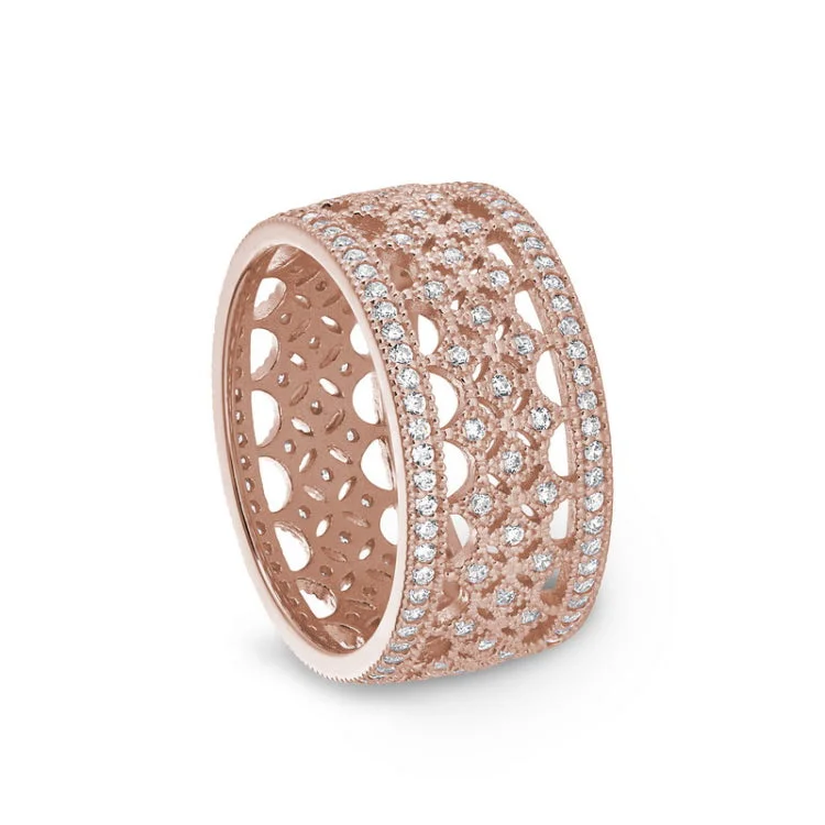 Handcrafted Gold Engagement Rings-Rose Gold Finish Sterling Silver Micropave Fancy Ring with Simulated Diamonds