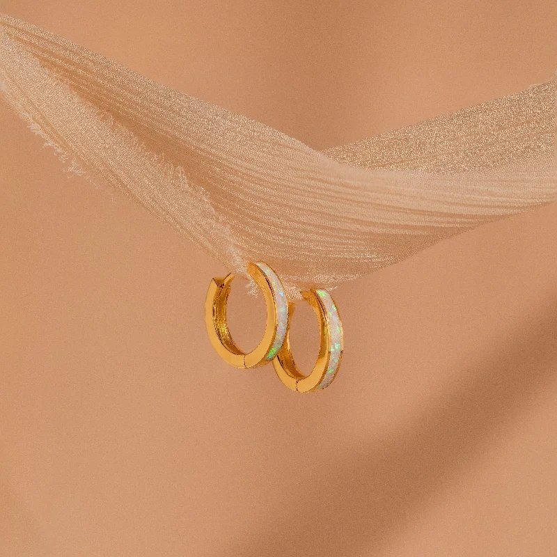 Gold and Silver Drop Earrings-White Opal Inlay Hoops