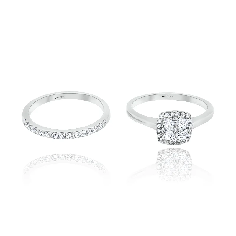 Simple Custom Wedding Band Sets-Halo Cushion cut Style Invisible set Diamonds Ring & Anniversary Ring Combo