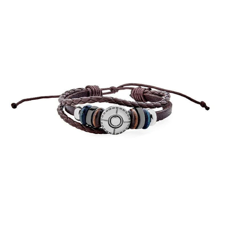 Custom Name Bangles for Women-Boho Brown Leather Triple Wrap Bracelet with Wood Beads and Coin Charm for Men