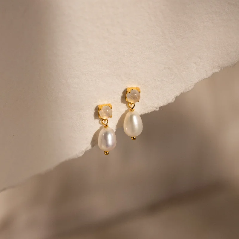 Gold and Diamond Earrings-Moonstone Pearl Drop Earrings