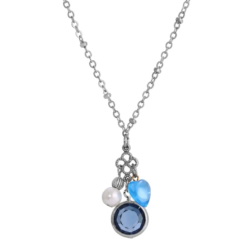 Heart Necklaces-1928 Jewelry Montana Blue Channel Sapphire Crystal Heart & Pearl Charm Pendant Necklace 16"