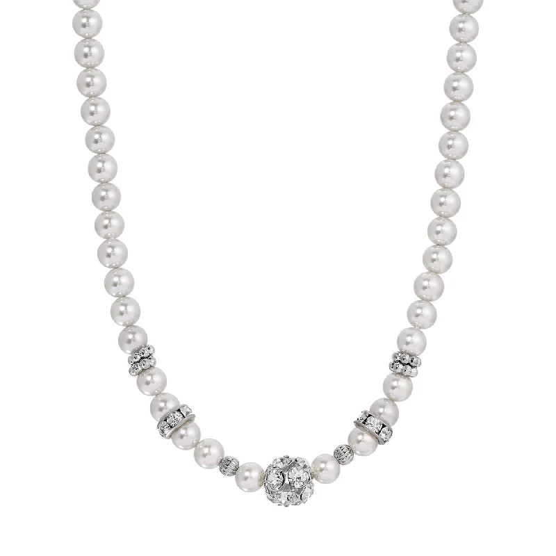 Modern Silver Necklaces-1928 Jewelry Fireball Crystal & Light Grey Faux Pearl Strand Necklace 15" + 3" Extender