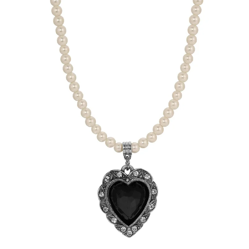 Designer Silver Necklaces-1928 Jewelry Antique Romance Faux Pearl Strand Heart Crystal Pendant Necklace 15" + 3" Extension