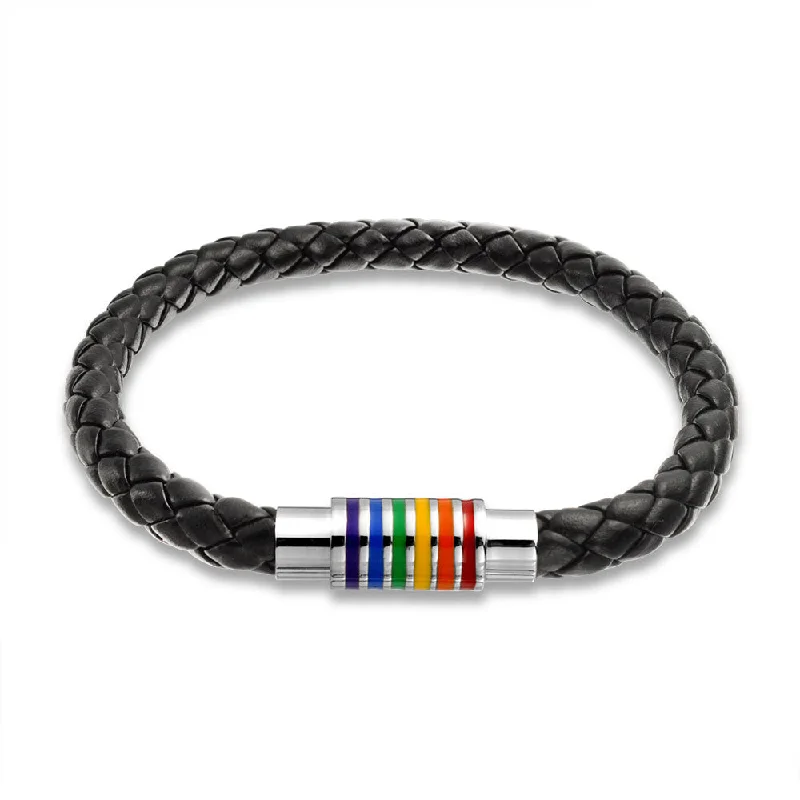 Custom Diamond Bangle Bracelets-Striped Rainbow Flag Black Braided Leather LGBTQ Bracelet with Stainless Clasp